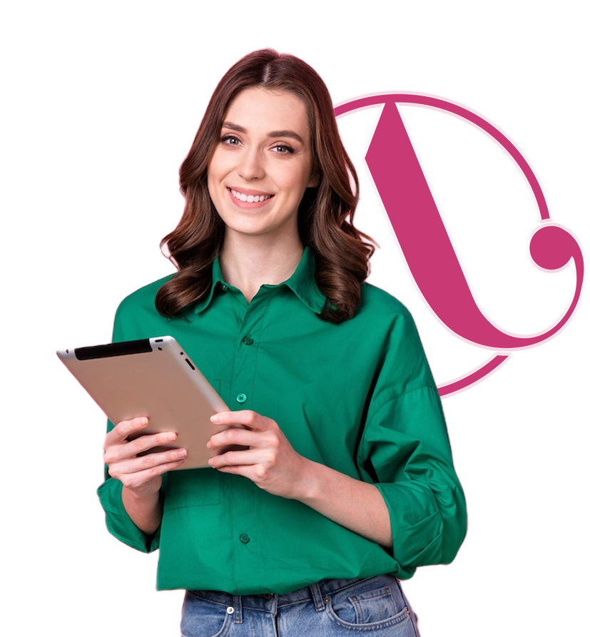 Smiling female professional holding tablet in front of abstract logo background